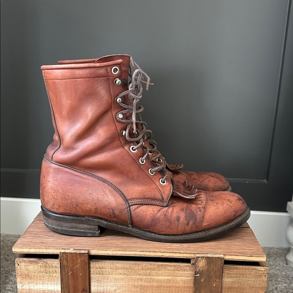 Justin Boots Men's Rustic Brown Leather Lace Up Roper Boots Oil Resistant Work - Picture 1 of 10
